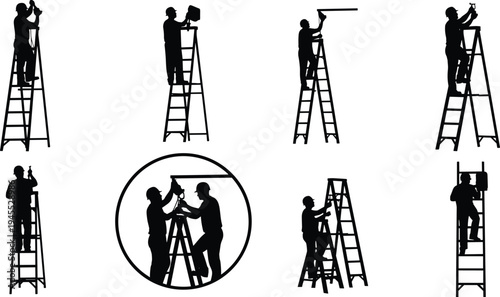 Silhouette set of workers on ladders painting wall and installing equipment, maintenance team collaboration, construction safety concept isolated on white background industrial service
