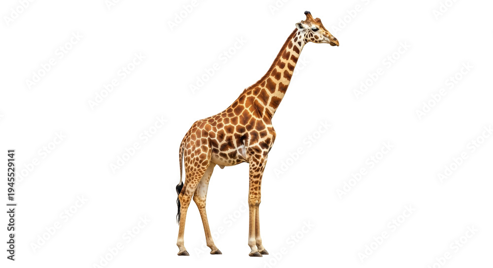 Naklejka premium Elegant giraffe PNG isolated on transparent background, tall African mammal with brown spots for wildlife and nature designs
