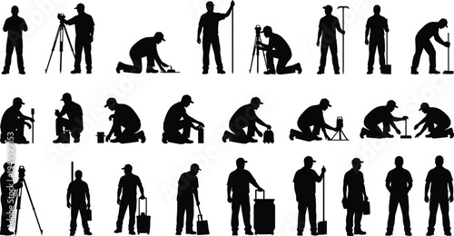 Surveyor engineer worker silhouettes collection using tripod level instrument and measuring tools, construction site surveying team poses, land survey equipment operator isolated vector set