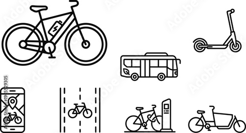 Eco-friendly urban mobility and transport line icon set. Electric bike, e-scooter, smart city bus, and bike-sharing app vectors.