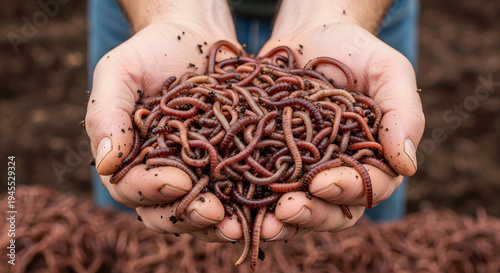 A person holding a handful of worms in their hands along with soil, a close-up shot with fine details, natural lighting.