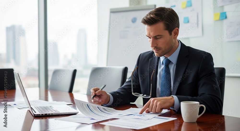 Fototapeta premium Focused Young Businessman in Formal Attire Analyzing Financial Data and Reports in a Modern Office Setting