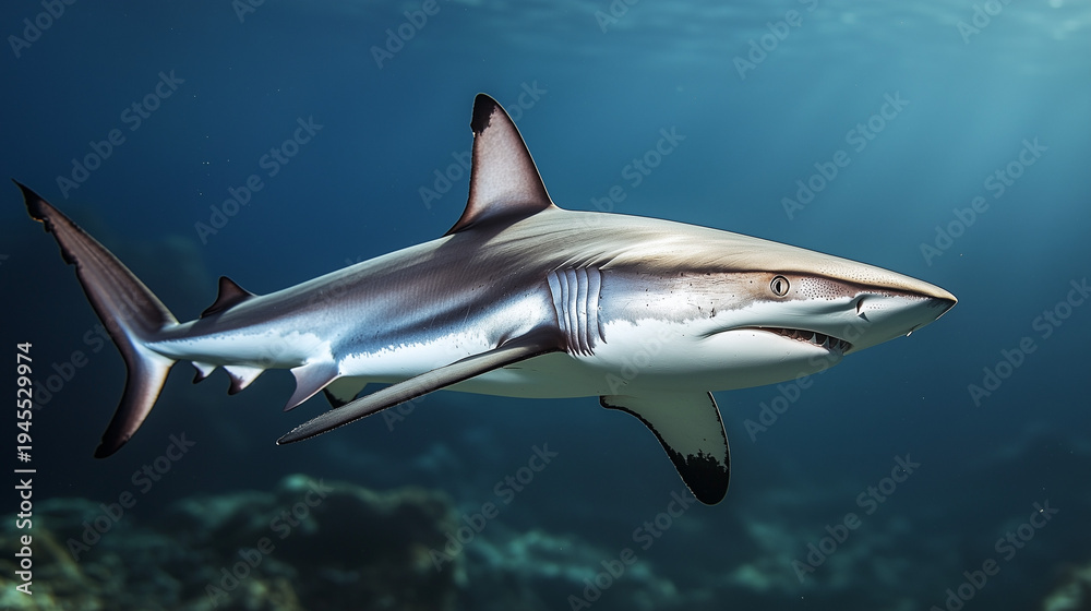 Obraz premium Blacktip Shark swimming gracefully in clear blue water, showcasing its fins and sleek body