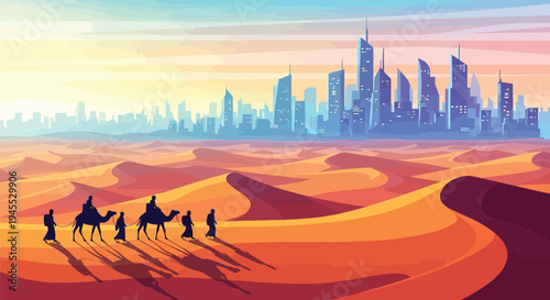Vector illustration of desert landscape with camels and city skyline at sunset