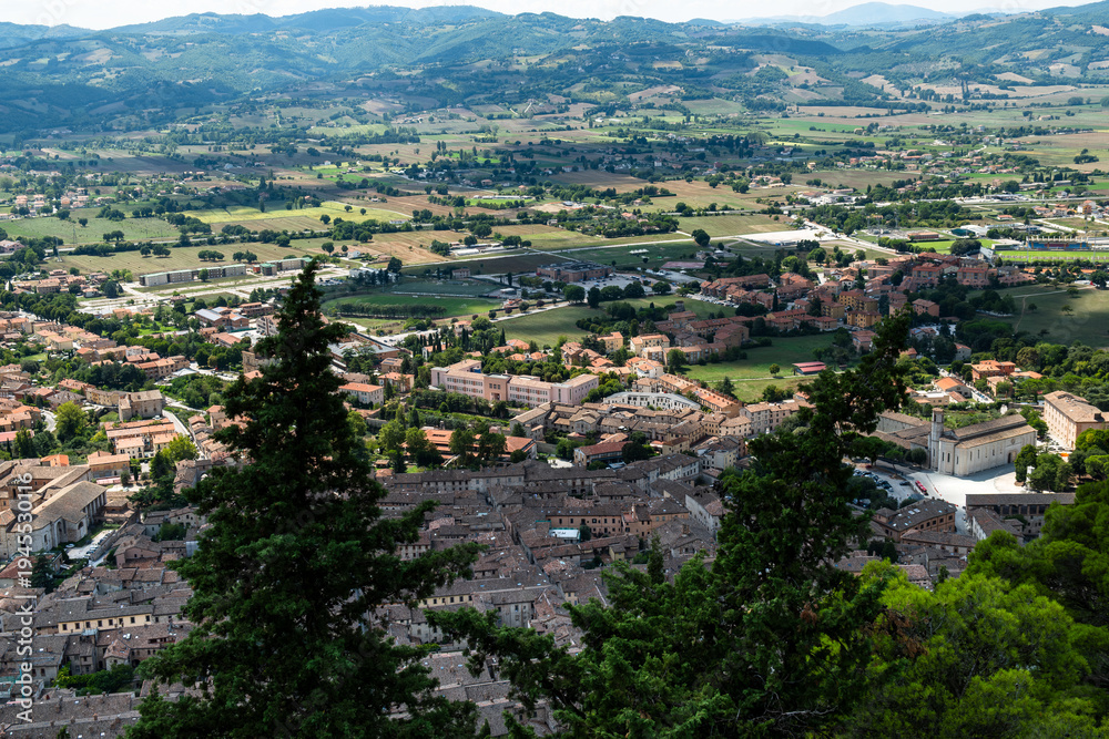 Fototapeta premium Aerial View of Gubbio with the Funivia Colle Eletto Cable Car