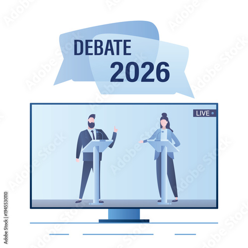 Open debates 2026, election campaign before Vote. TV screen with leaders of opposing political parties conducting intense discussion on public debates. Online political television show.