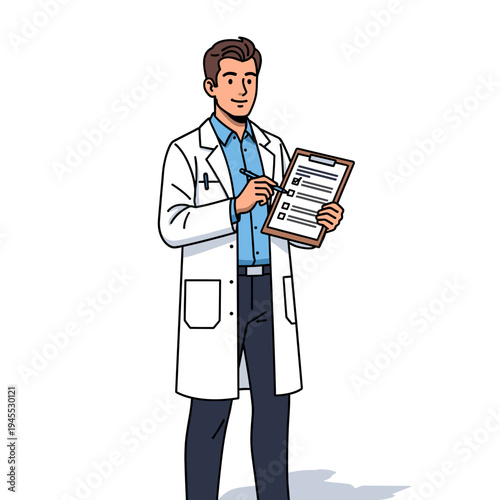 Illustration of a smiling male doctor or scientist in a lab coat holding a clipboard and pen, ready to take notes or review a checklist.