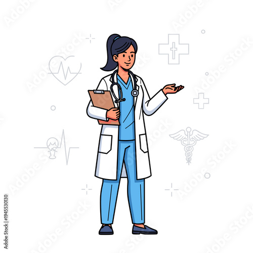 A female doctor in a white lab coat and blue scrubs, holding a clipboard and stethoscope, with medical symbols in the background.