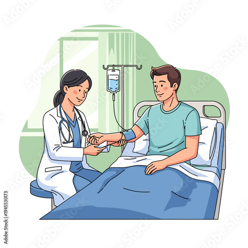 A female doctor in a white coat checks a male patient's blood pressure while he lies in a hospital bed with an IV drip.