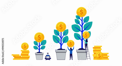 Financial Growth and Investment Success Vector Illustration with Growing Money Trees, Gold Coins, and Business People on White Background