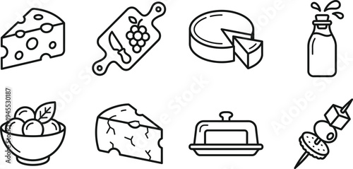 Dairy and Charcuterie Line Art Icon Set with Cheese, Milk, Butter, and Olives