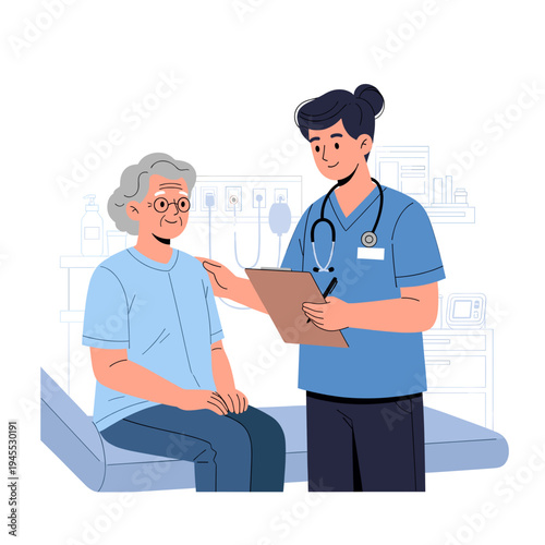 A compassionate nurse reassures an elderly patient sitting on an examination table during a medical consultation.