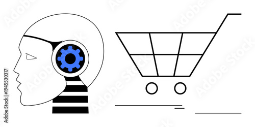 Feminine robotic profile with blue gear beside minimalist shopping cart. Ideal for AI, retail, technology, automation, innovation, marketing, digital commerce. Clean and simple flat metaphor
