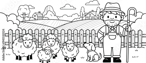 Farmer and sheep in a fenced pasture