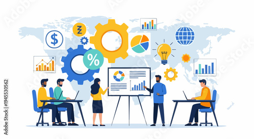 Business Team Meeting Vector Illustration with Global Map Background, Data Analysis, Marketing Strategy, and Financial Growth Icons for Presentation and Website Design