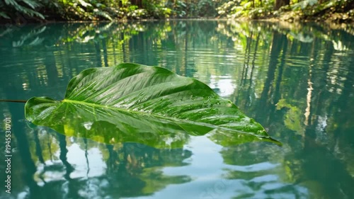 Large green leaf floating on water.