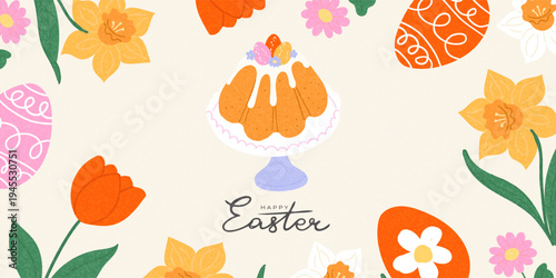 Happy Easter greeting banner, card, cover with doodle hand drawn Easter cake, eggs and spring flowers. Modern art template
