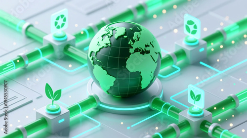 Global Green Fintech  3D conceptual illustration of network on digital infrastructure linking sustainable finance with eco-investment nodes powering future ESG systems