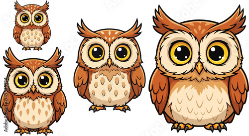 Cute Cartoon Brown Owl Vector Illustration Set with Four Different Sizes, Adorable Forest Animal Character Design for Children's Books, Education, and Nature-Themed Projects