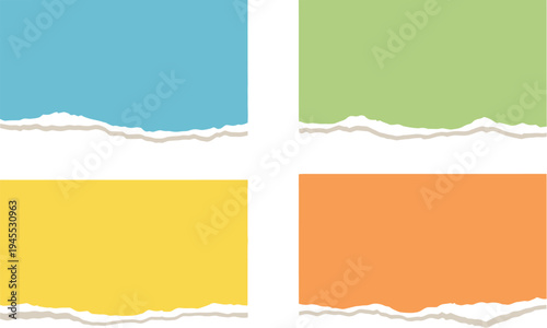 Colorful torn paper strips in blue green yellow and orange hues arranged