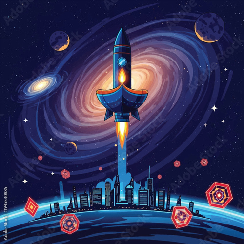 Rocket Ship Blasting Off Into Space.