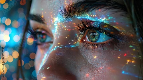 Close Up of Woman with Digital Cityscape Face Art.