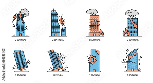 Illustrations of Buildings Damaged by Natural Disasters and Accidents.