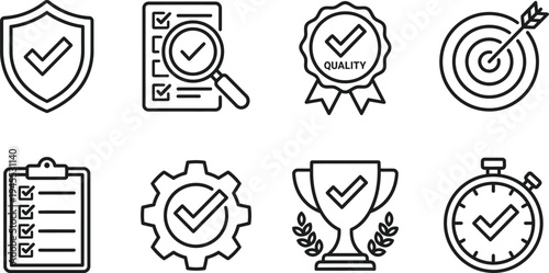 Quality control and assurance line icon set. Standard certification, compliance, guarantee, achievement, and goal targeting vector symbols.