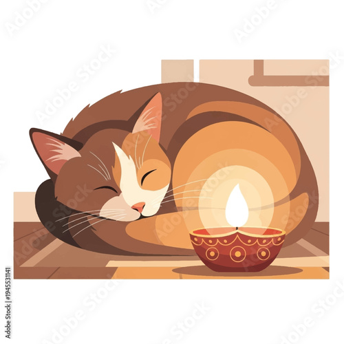 Sleeping Brown and White Domestic Cat.