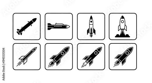 Rocket Icons Set: Space Exploration, Missile, and Launch Symbols Collection
