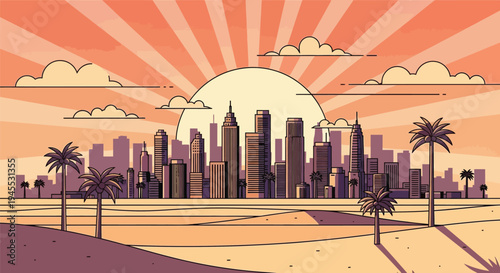 Vector illustration of city skyline at sunset with palm trees