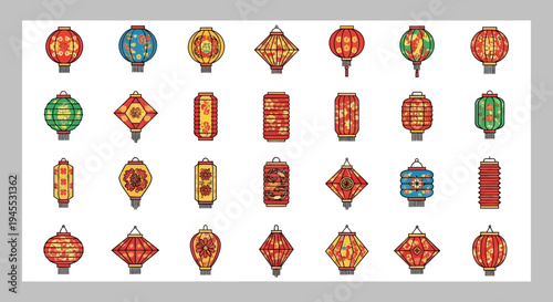 Collection of Colorful Chinese Lanterns, Festive Asian Decorations, Traditional Lunar New Year Symbols