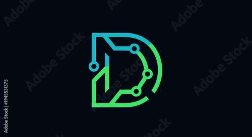 Digital D Logo with Circuit Board Lines and Nodes on Dark Background