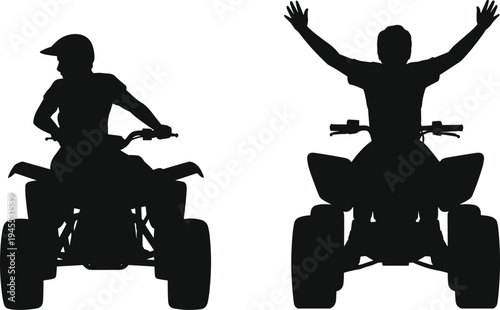 ATV rider silhouette set, quad bike driver with raised hands and riding pose, off road vehicle adventure sport icons isolated black vector illustration