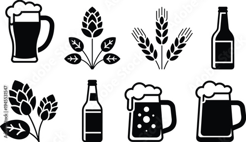 Black and white beer icons featuring mugs, bottles, hops, and wheat, symbolizing brewing culture, beverage design, and traditional ingredients for graphic illustration projects