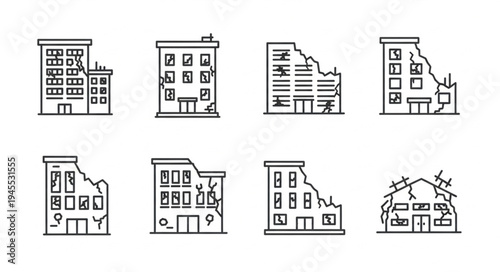 Damaged Buildings - A Collection of Post-Disaster Structures in Line Art.