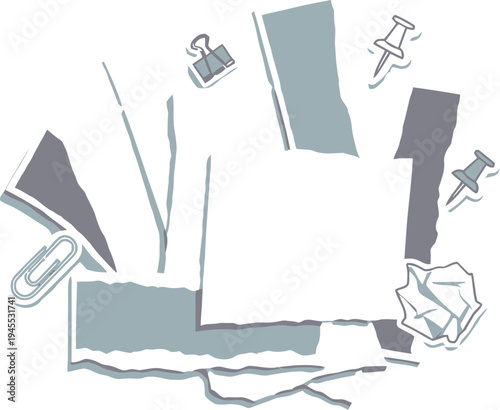 Office supplies scattered on a desk create a disorganized workspace scene