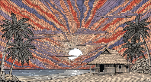 Vector tropical beach hut with palm trees and colorful sunset background