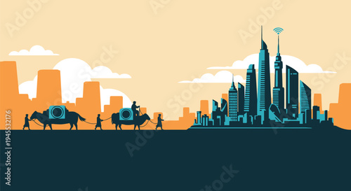 Vector city skyline with camel and people silhouette