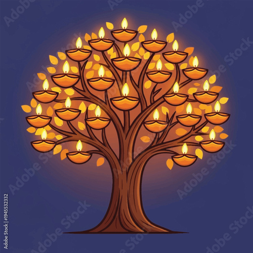Tree with many lit diyas on branches.