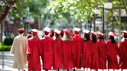 A group of graduates in red caps and gowns gathers together in a sunny outdoor setting to celebrate their academic accomplishments. Friends and family surround them, creating a joyful atmosphere.