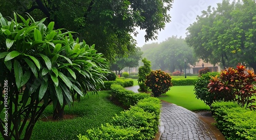 Lush Green Garden Pathway Curved by Cobblestones in Rainy Park