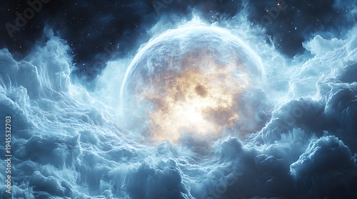 Photorealistic scene of stellar radiation energizing a young planet’s surface during formation white background 