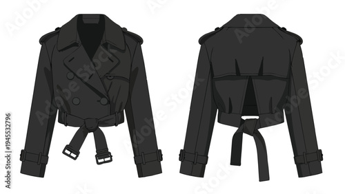 A stylish black cropped trench coat featuring a sophisticated double-breasted front and a tied back, showcasing modern apparel design details and