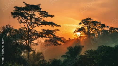 Watch as the sun sets behind tall trees in a tropical forest, casting warm orange and golden hues across the sky and highlighting the lush greenery. A peaceful nature scene.