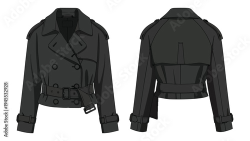 Detailed flat sketch of a modern dark cropped trench jacket, showcasing front and back views for fashion design.
