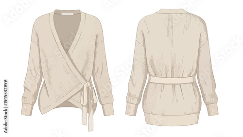 Technical flat drawing of a women's beige wrap-around sweater with tie closure, presented in front and back views.