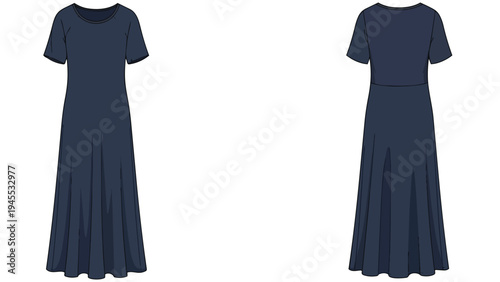 Versatile navy short-sleeve maxi dress flat sketch showcasing front and rear views for fashion design development