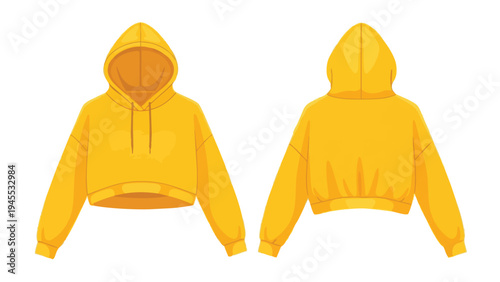 Vibrant Sunny Yellow Cropped Hoodie Fashion Apparel Front and Back View Isolated Clothing Design Element Vector Illustration Garment Mockup Template