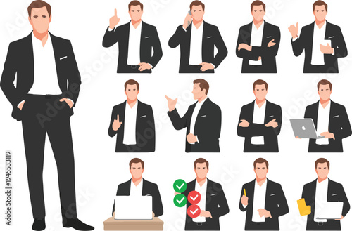 Set of young handsome business men in formal clothes showing various poses and gestures, standing and sitting at desk